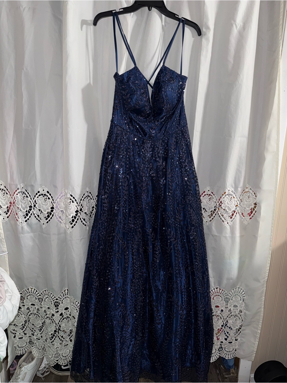 Blondie Nites Navy Sequin Spaghetti-Strap Prom Gown